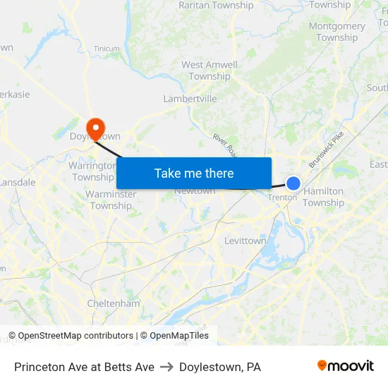 Princeton Ave at Betts Ave to Doylestown, PA map