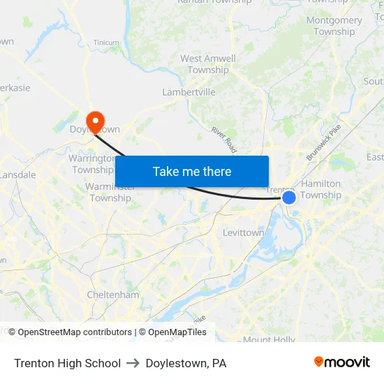 Trenton High School to Doylestown, PA map