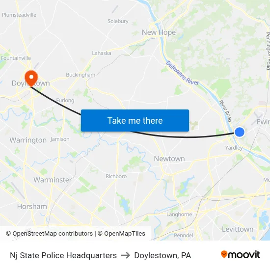Nj State Police Headquarters to Doylestown, PA map