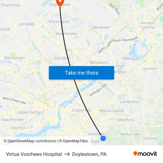 Virtua Voorhees Hospital to Doylestown, PA map