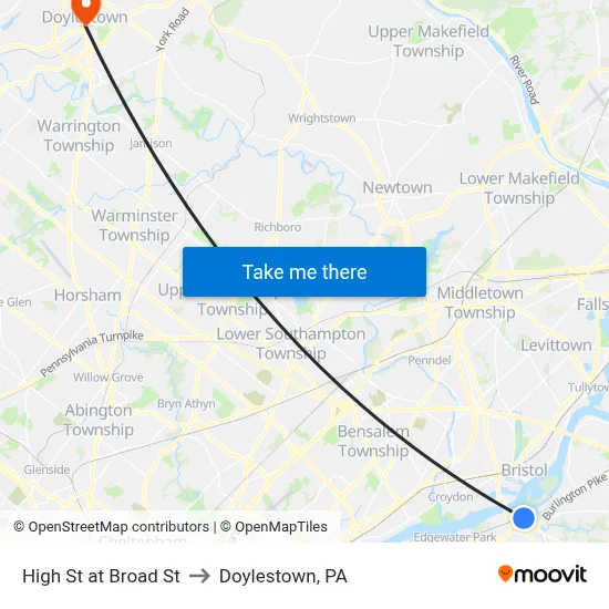 High St at Broad St to Doylestown, PA map
