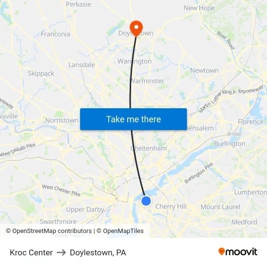 Kroc Center to Doylestown, PA map