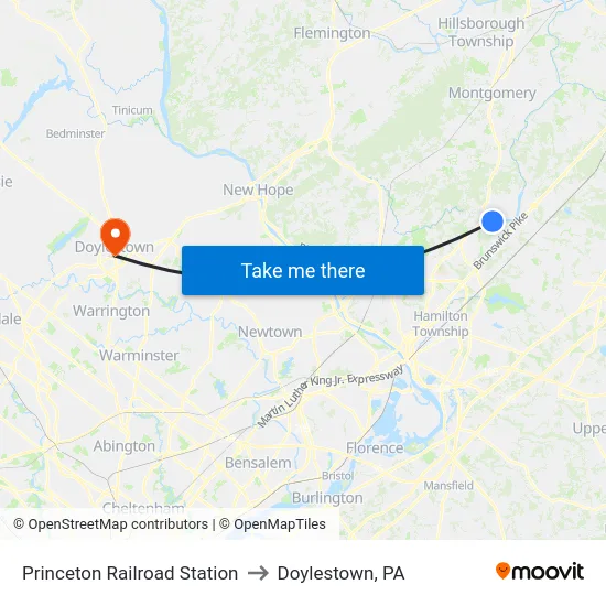 Princeton Railroad Station to Doylestown, PA map