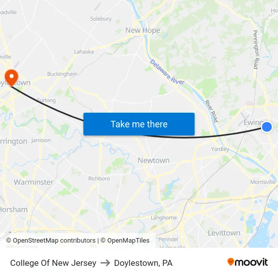 College Of New Jersey to Doylestown, PA map