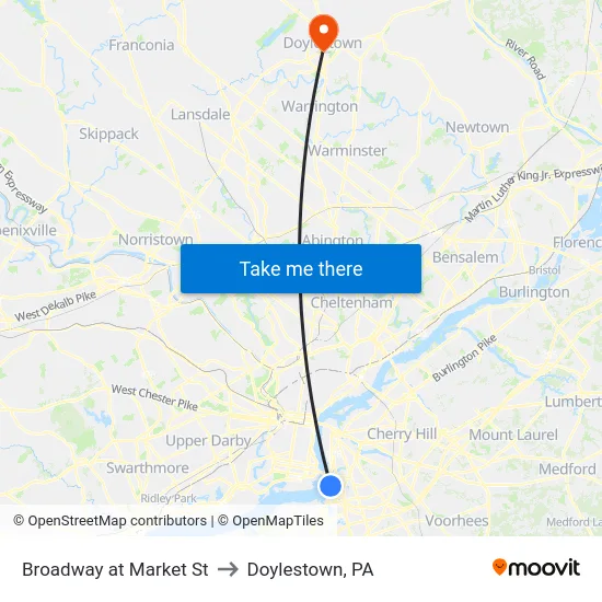 Broadway at Market St to Doylestown, PA map