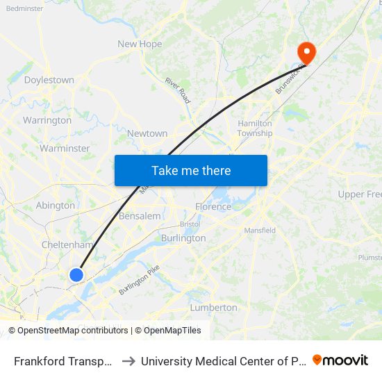 Frankford Transportation Center to University Medical Center of Princeton at Plainsboro map