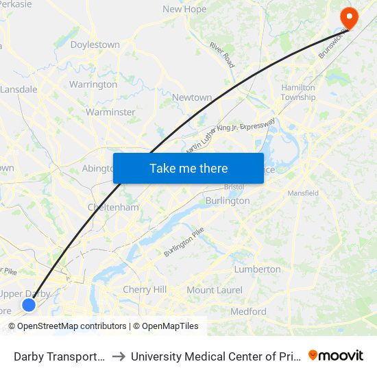 Darby Transportation Center to University Medical Center of Princeton at Plainsboro map