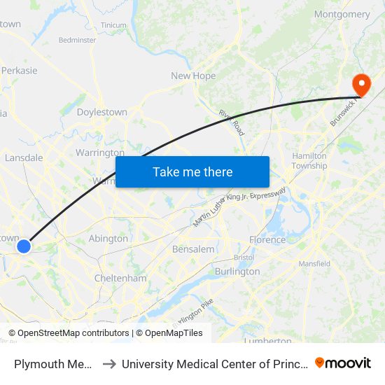 Plymouth Meeting Mall to University Medical Center of Princeton at Plainsboro map