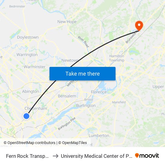 Fern Rock Transportation Center to University Medical Center of Princeton at Plainsboro map