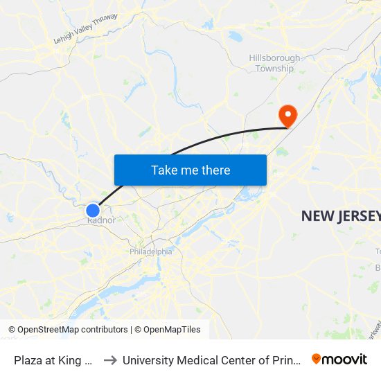 Plaza at King Of Prussia to University Medical Center of Princeton at Plainsboro map