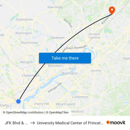 JFK Blvd & 15th St to University Medical Center of Princeton at Plainsboro map