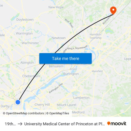 19th St to University Medical Center of Princeton at Plainsboro map