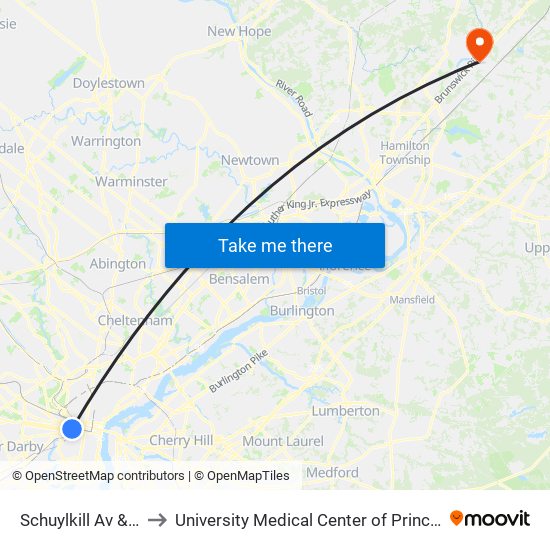 Schuylkill Av & JFK Blvd to University Medical Center of Princeton at Plainsboro map