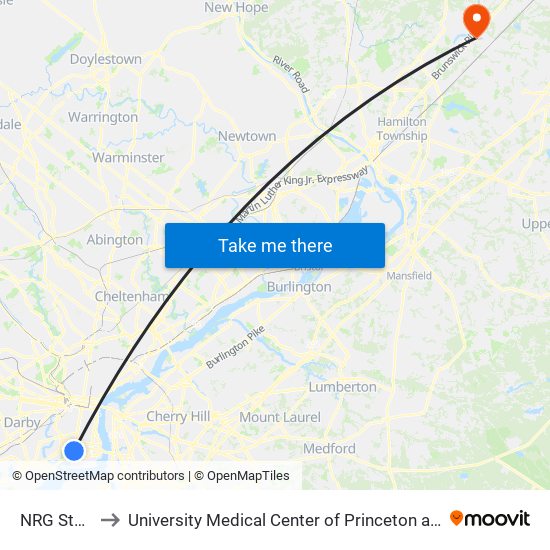 NRG Station to University Medical Center of Princeton at Plainsboro map