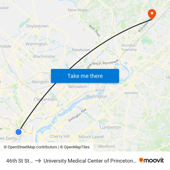 46th St Station to University Medical Center of Princeton at Plainsboro map