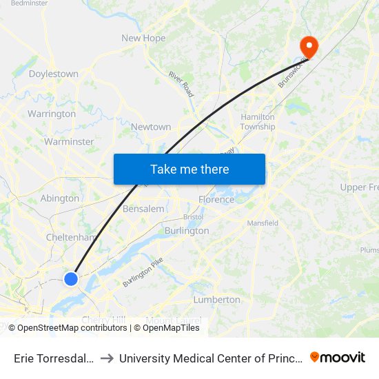 Erie Torresdale Station to University Medical Center of Princeton at Plainsboro map