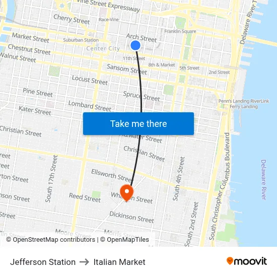 Jefferson Station to Italian Market map