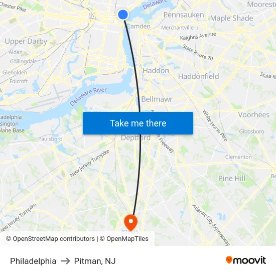 Philadelphia to Pitman, NJ map