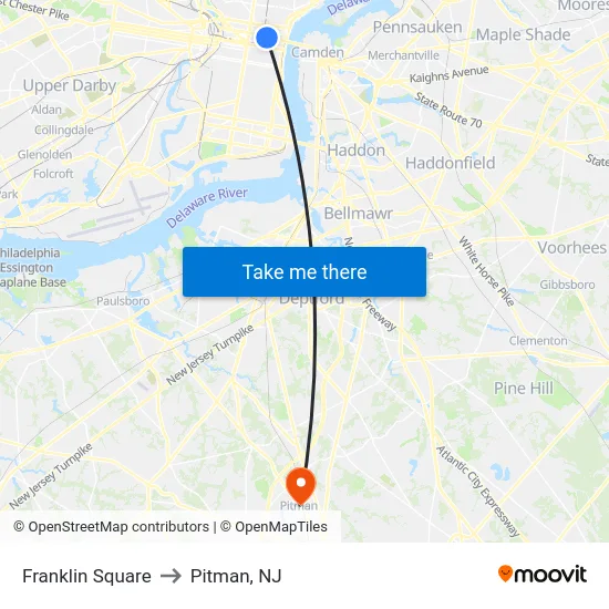 Franklin Square to Pitman, NJ map
