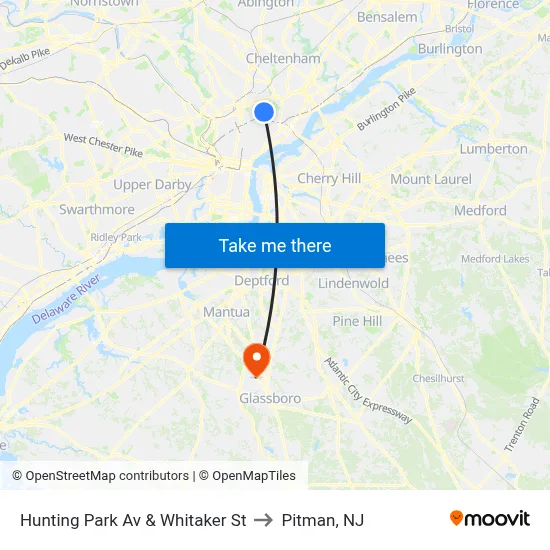 Hunting Park Av & Whitaker St to Pitman, NJ map