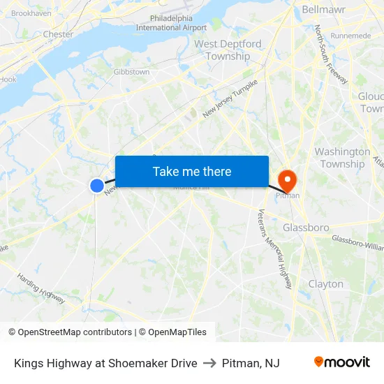 Kings Highway at Shoemaker Drive to Pitman, NJ map
