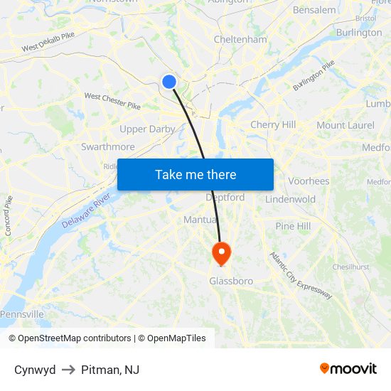 Cynwyd to Pitman, NJ map