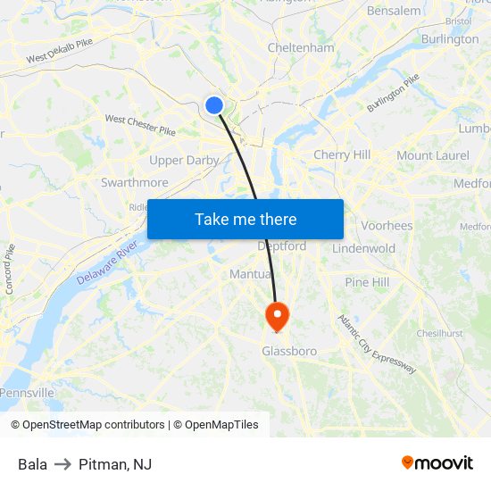 Bala to Pitman, NJ map