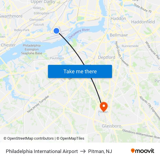 Philadelphia International Airport to Pitman, NJ map