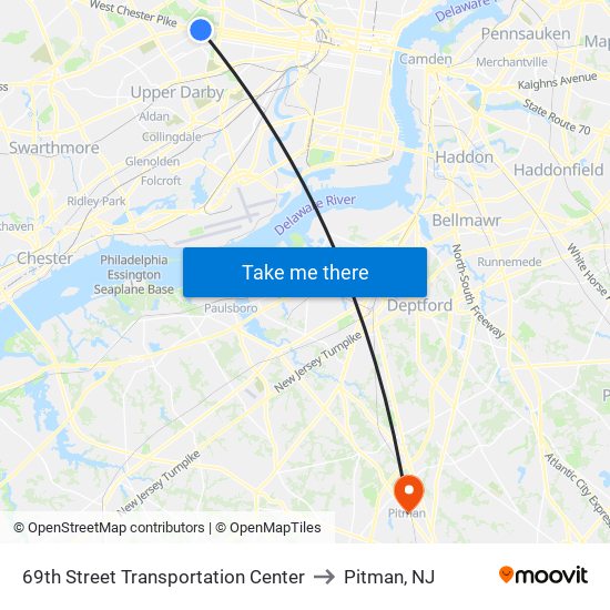 69th Street Transportation Center to Pitman, NJ map