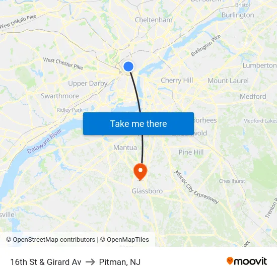 16th St & Girard Av to Pitman, NJ map