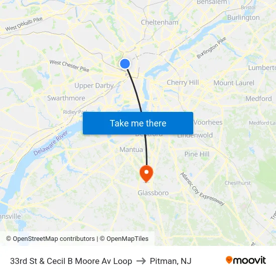 33rd St & Cecil B Moore Av Loop to Pitman, NJ map