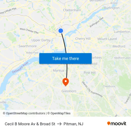 Cecil B Moore Av & Broad St to Pitman, NJ map