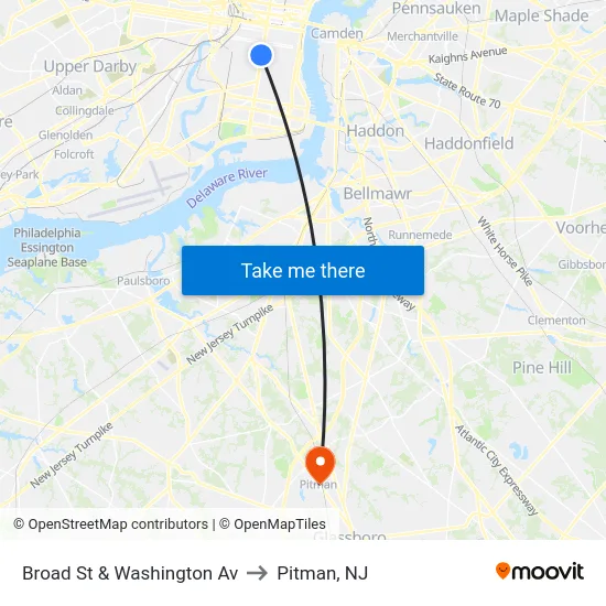 Broad St & Washington Av to Pitman, NJ map