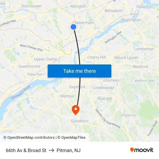 66th Av & Broad St to Pitman, NJ map