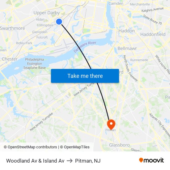 Woodland Av & Island Av to Pitman, NJ map