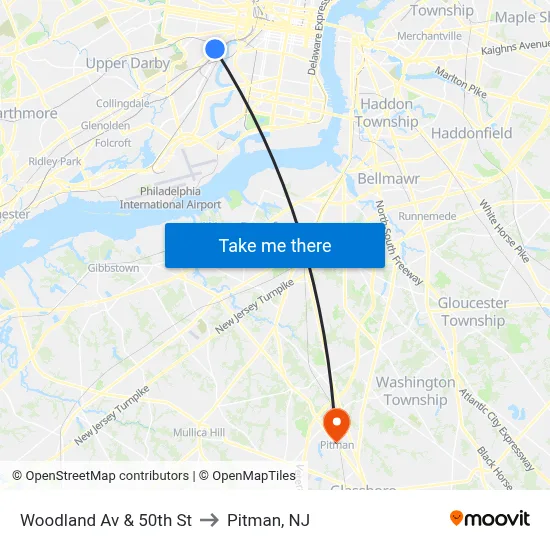 Woodland Av & 50th St to Pitman, NJ map