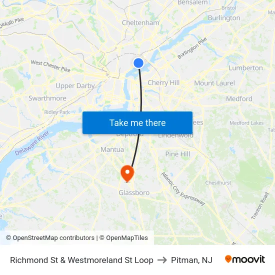 Richmond St & Westmoreland St Loop to Pitman, NJ map