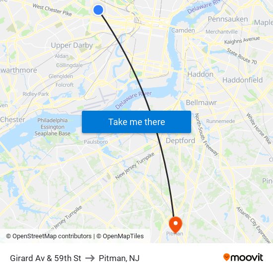 Girard Av & 59th St to Pitman, NJ map