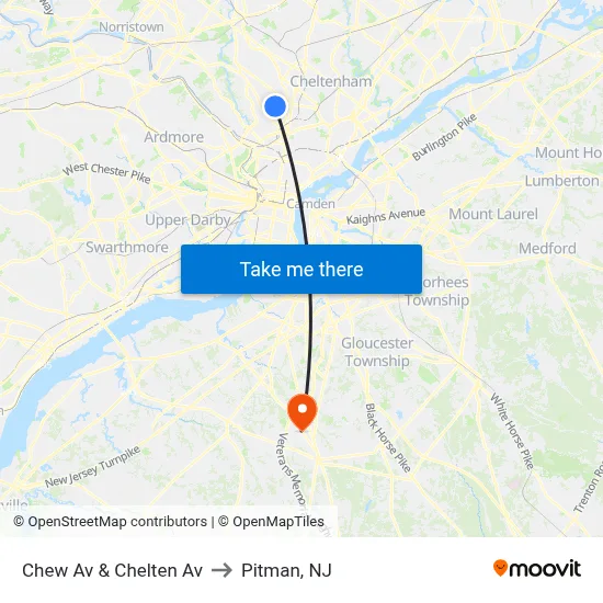 Chew Av & Chelten Av to Pitman, NJ map