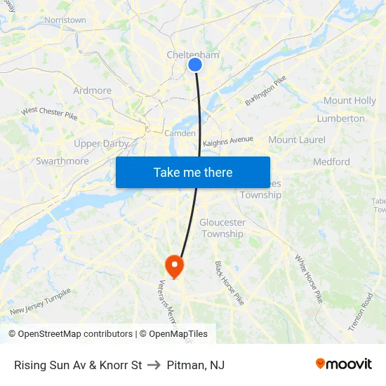 Rising Sun Av & Knorr St to Pitman, NJ map