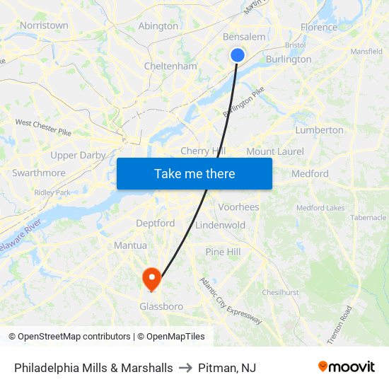 Philadelphia Mills & Marshalls to Pitman, NJ map