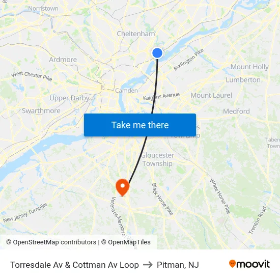 Torresdale Av & Cottman Av Loop to Pitman, NJ map