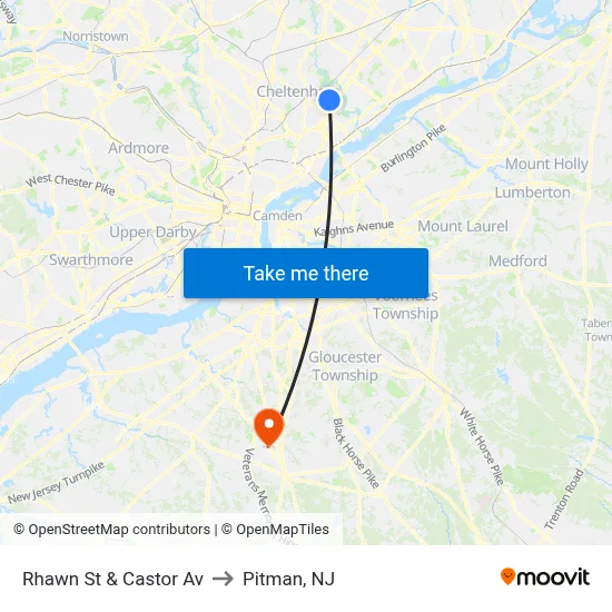 Rhawn St & Castor Av to Pitman, NJ map