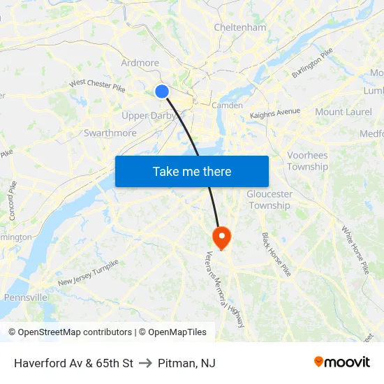 Haverford Av & 65th St to Pitman, NJ map