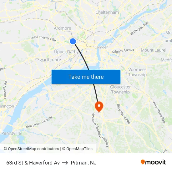63rd St & Haverford Av to Pitman, NJ map