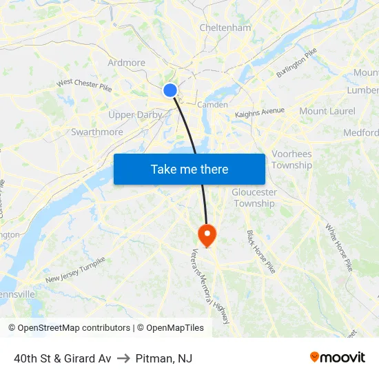 40th St & Girard Av to Pitman, NJ map