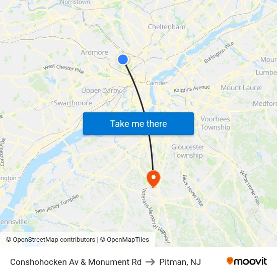 Conshohocken Av & Monument Rd to Pitman, NJ map