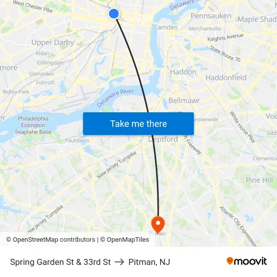 Spring Garden St & 33rd St to Pitman, NJ map