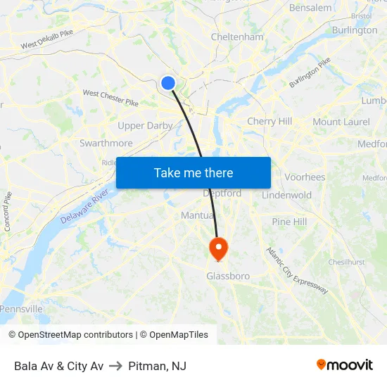Bala Av & City Av to Pitman, NJ map