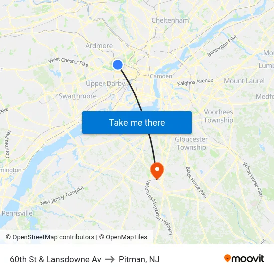 60th St & Lansdowne Av to Pitman, NJ map
